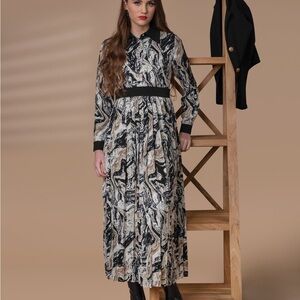 Abstract Marble-Print Long Sleeve Maxi Dress - Black & Beige